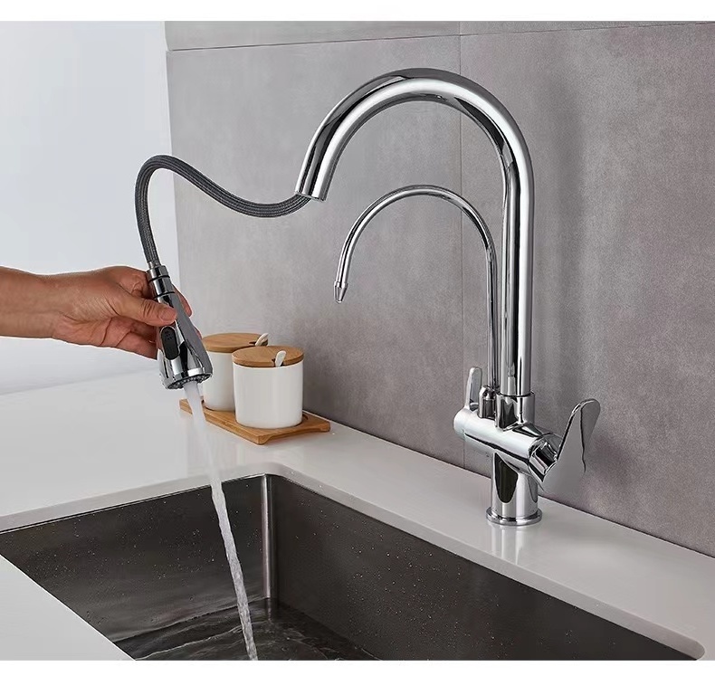 Dual Handle Multifunction Kitchen Sink Faucet Mixer Polished Brass Chrome Pull out Tap with Filter Chrome Pull out Spray