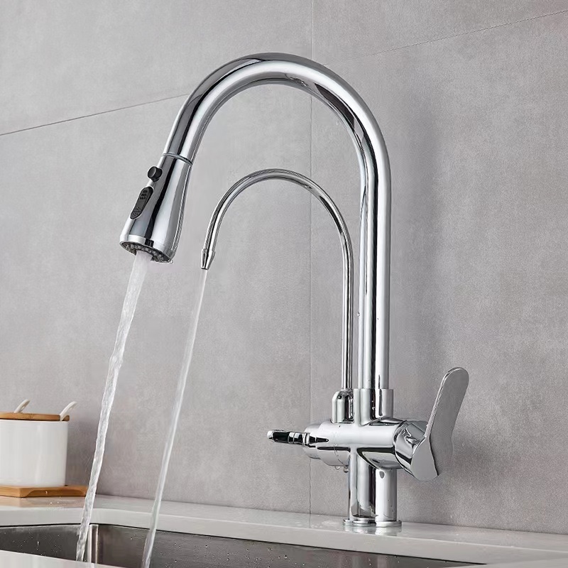 Dual Handle Multifunction Kitchen Sink Faucet Mixer Polished Brass Chrome Pull out Tap with Filter Chrome Pull out Spray