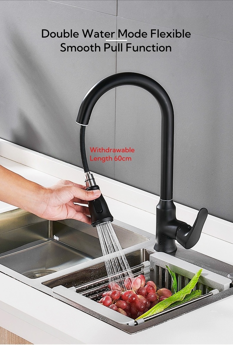 Hot Selling Single Handle Pull down Sprayer Kitchen Sink Faucet Black Taps with Pull out Feature Side Spray Type