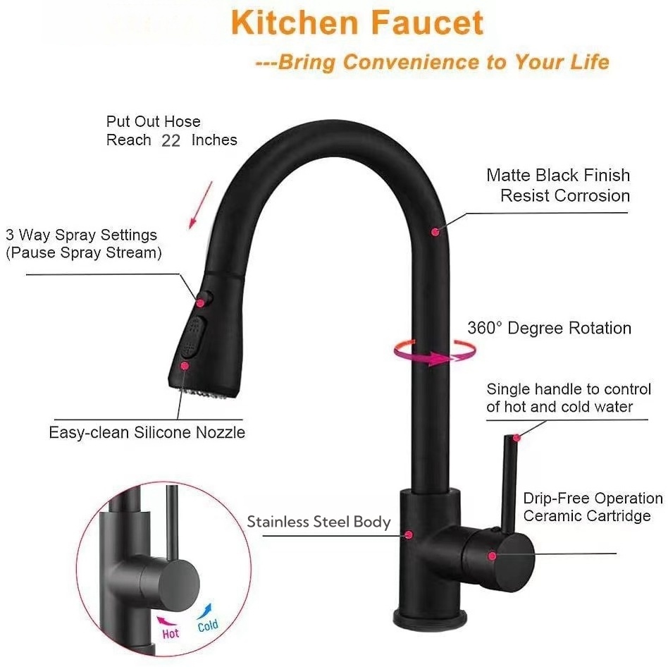 Stainless Steel Modern Design Single Lever Pull Out 3-Way Deck Mounted Kitchen Faucet Brushed Black Kitchen Tap With Cover Plate