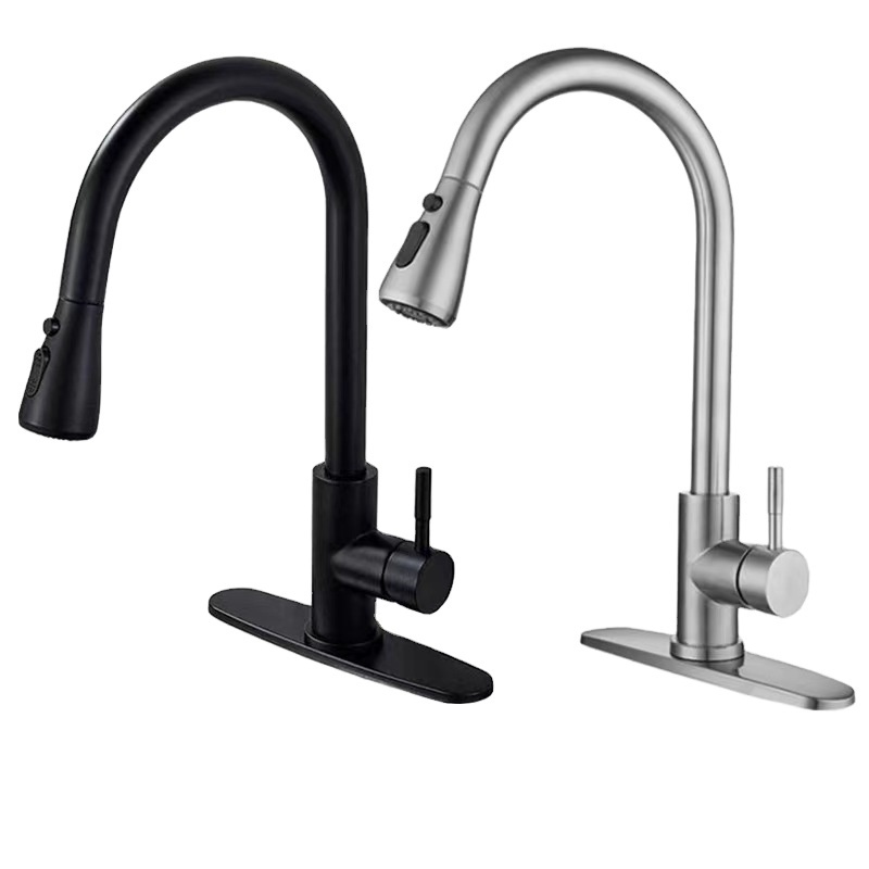 Stainless Steel Modern Design Single Lever Pull Out 3-Way Deck Mounted Kitchen Faucet Brushed Black Kitchen Tap With Cover Plate