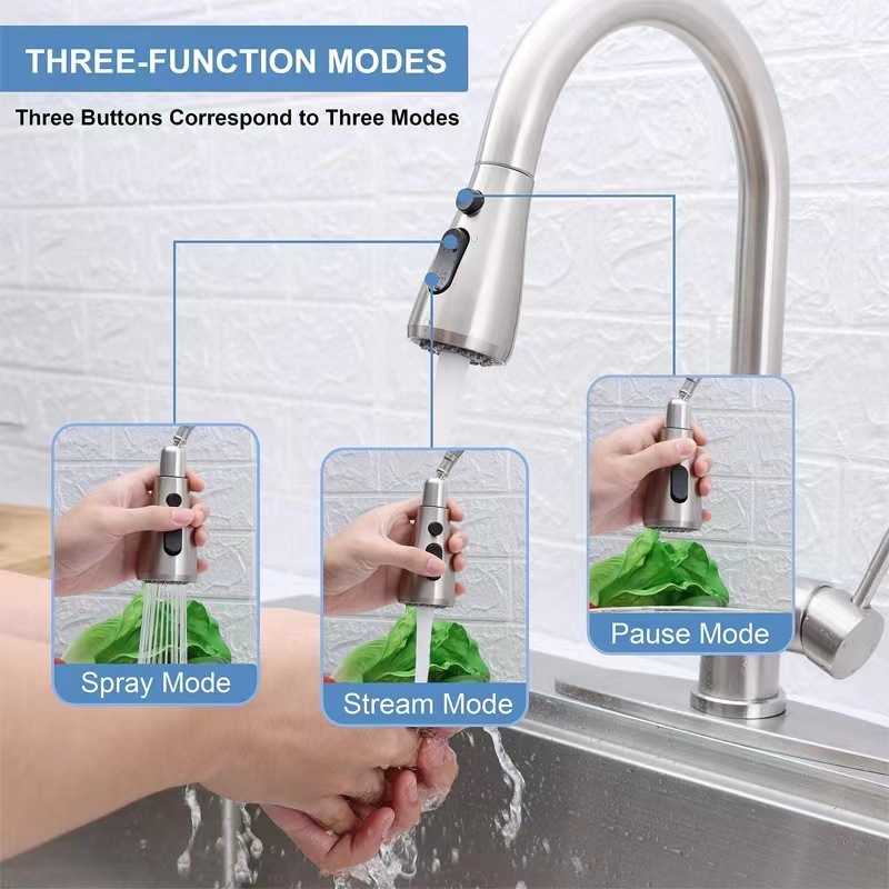 Stainless Steel Modern Design Single Lever Pull Out 3-Way Deck Mounted Kitchen Faucet Brushed Black Kitchen Tap With Cover Plate