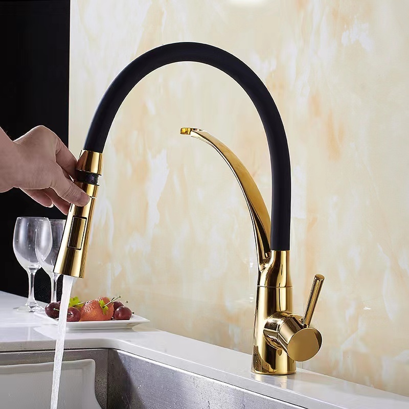 Modern Single-Handle Deck Mounted Kitchen Faucet Hot Cold Rotation Flexible Universal Pull-Down Silicone Tube Side Spray Tap