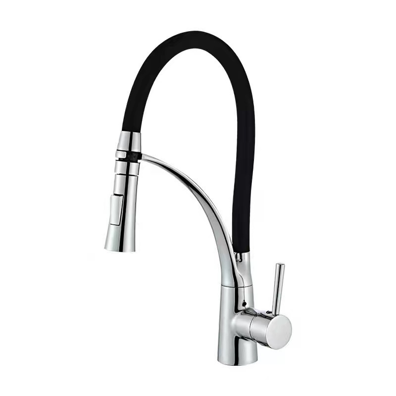 Modern Single-Handle Deck Mounted Kitchen Faucet Hot Cold Rotation Flexible Universal Pull-Down Silicone Tube Side Spray Tap