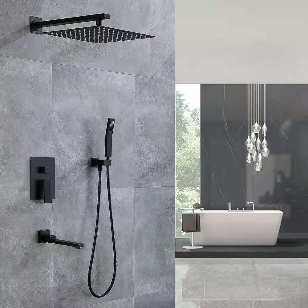 Simply Black Bathroom Shower Faucet Sets Copper Rainfall Mixer Concealed Square Shower Set