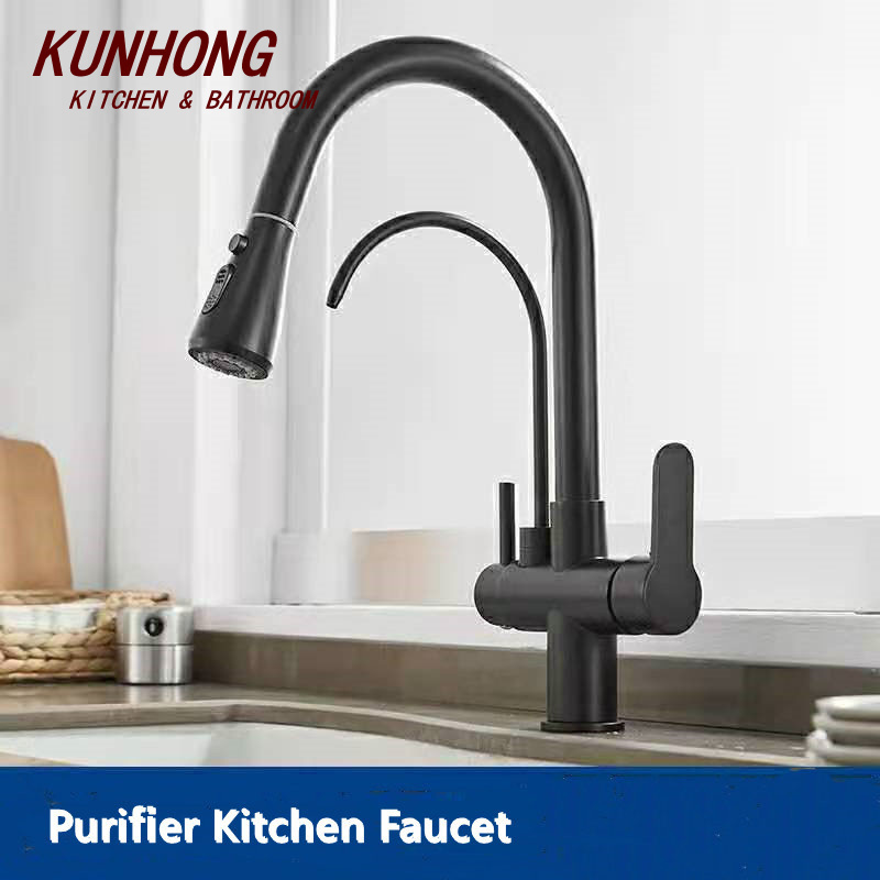 Chrome Brass Three Ways Sink Mixer Kitchen Faucet Modern Double Outlet Water Pull Down Pure Water Purifier Kitchen Faucet Taps