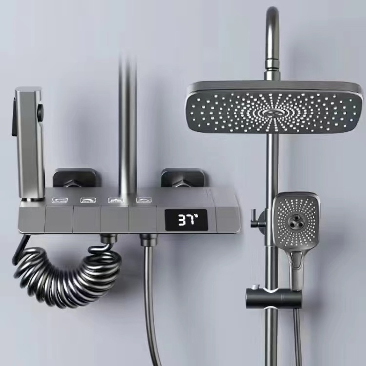 Modern Piano Digital Shower Set Single Handle Gray Rainfall Spray Shower Faucet With Slide Bar Four Function Hotel Project