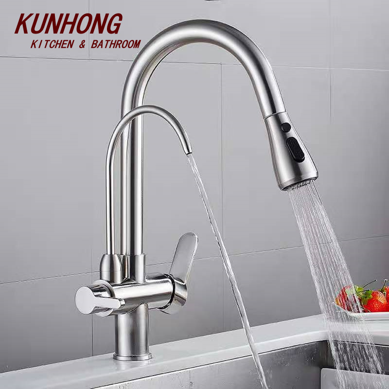 Chrome Brass Three Ways Sink Mixer Kitchen Faucet Modern Double Outlet Water Pull Down Pure Water Purifier Kitchen Faucet Taps