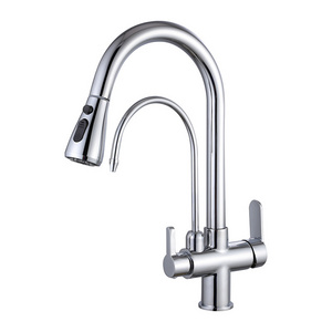 Chrome Brass Three Ways Sink Mixer Kitchen Faucet Modern Double Outlet Water Pull Down Pure Water Purifier Kitchen Faucet Taps