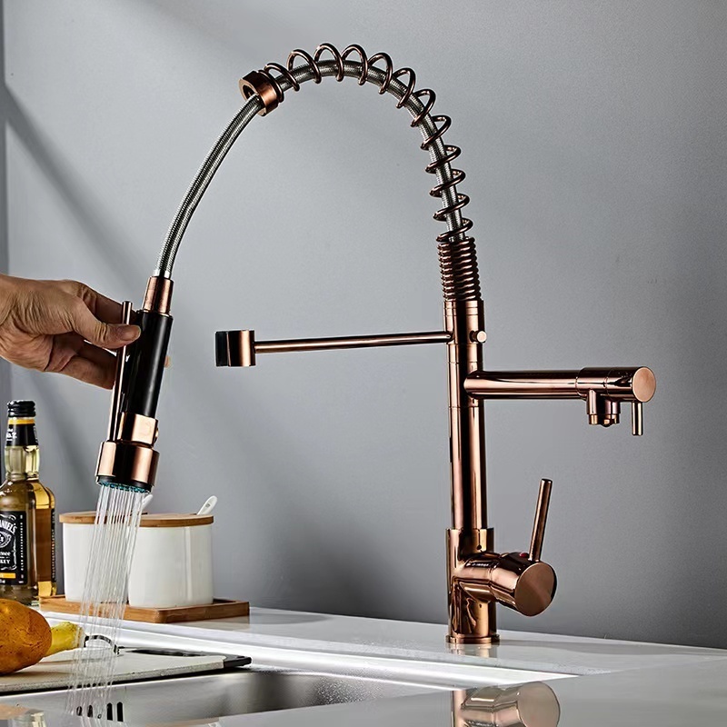 Commercial Copper Torneira Gourmet Hot Cold Tap Deck Mounted Pull Out Spring Kitchen Sink Rose Gold Faucet