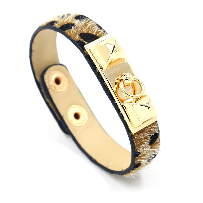 Personalized Jewelry Imitation Leather Horsehair Leopard Gilded Rivet Bangle Bracelets for Women