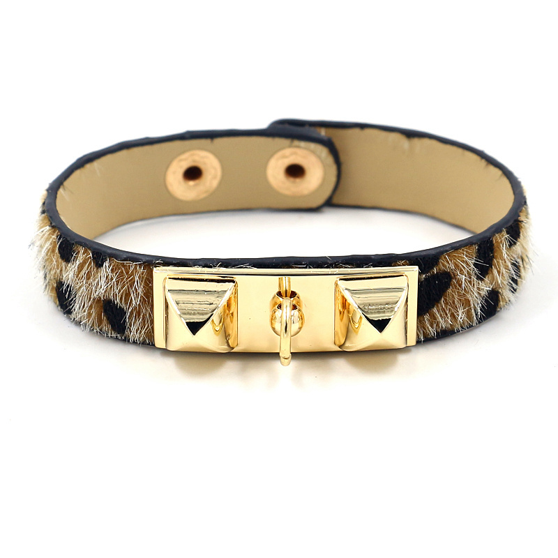 Personalized Jewelry Imitation Leather Horsehair Leopard Gilded Rivet Bangle Bracelets for Women