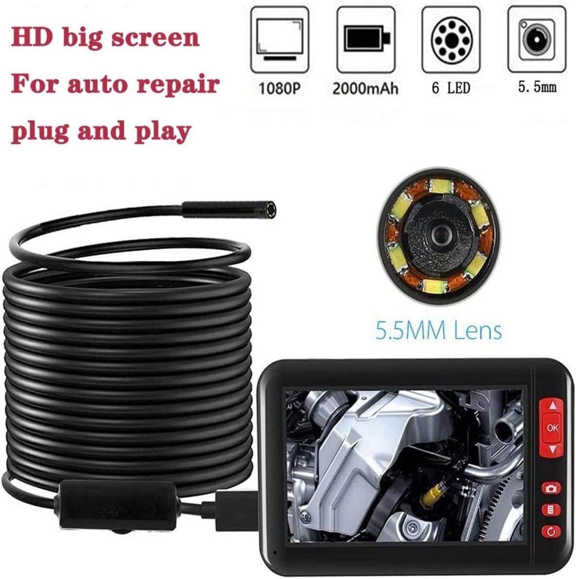 4.3 inch HD Industrial Endoscope Inspection Camera with 5.5mm LED Lights Waterproof Borescope Inspection Camera for Auto Engine