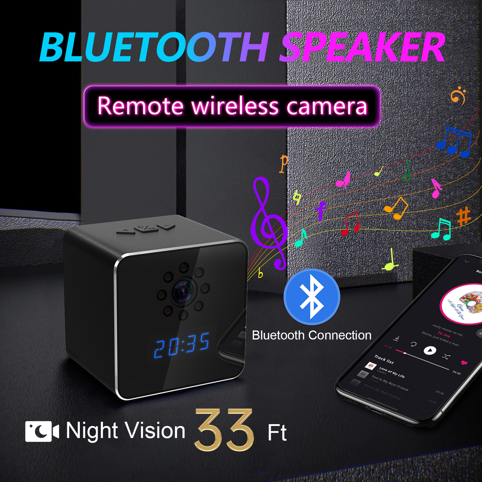 1080P WIFI Camera Bluetooth Speaker Clock camera with Night Vision Motion Detection Remote Viewing for Home Security Camera