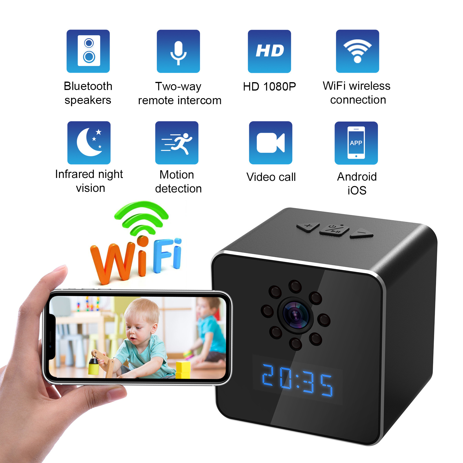 1080P WIFI Camera Bluetooth Speaker Clock camera with Night Vision Motion Detection Remote Viewing for Home Security Camera