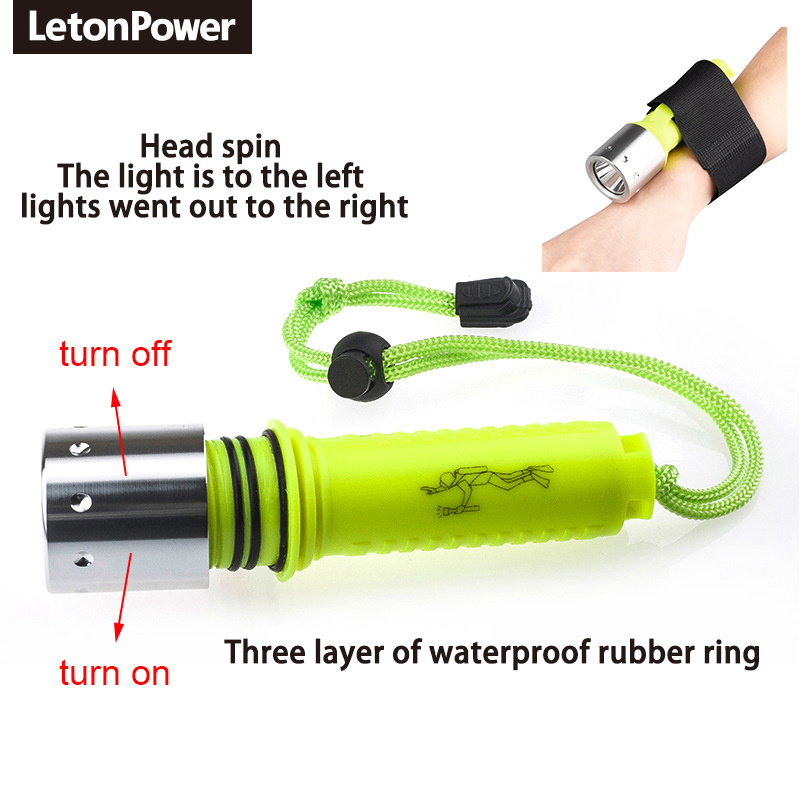 3 Mode Diving Flashlight 18650 Battery Underwater IP68 Powerful Diving Flashlight with Wrist Strap