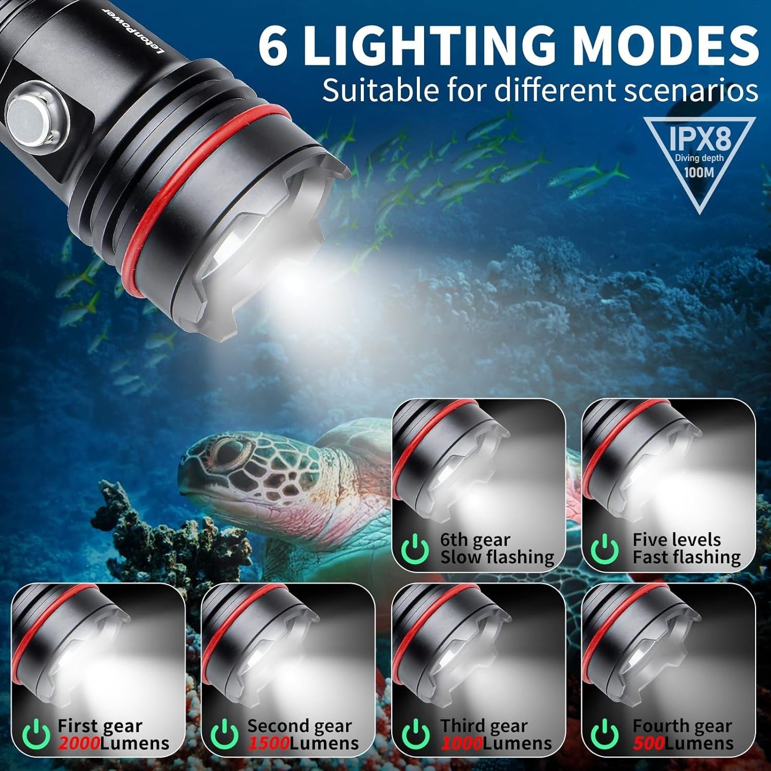 Professional 2000 Lumen Dive Torch Outdoor Scuba Diving Underwater Sports 100 Meters IP68 Battery Bright Aluminum Camping