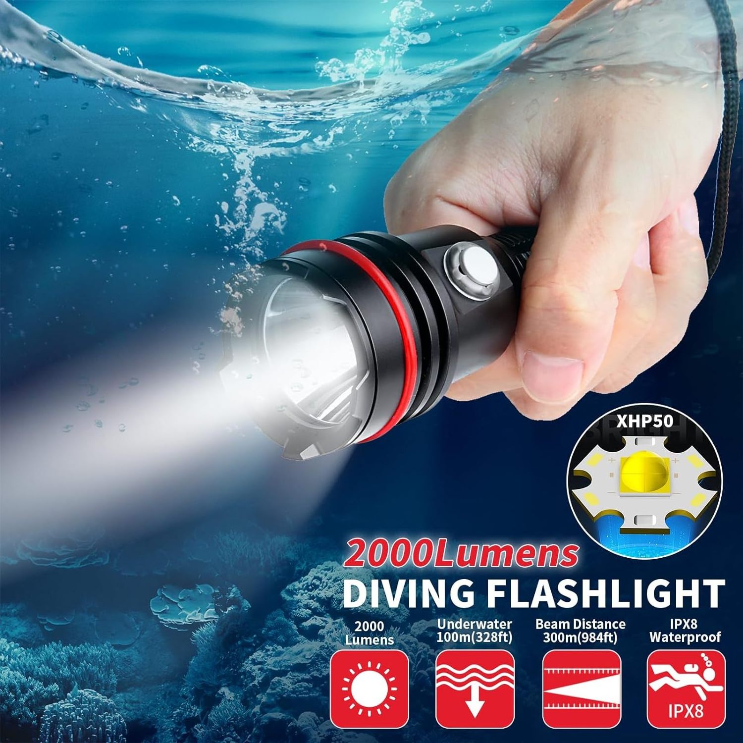 Professional 2000 Lumen Dive Torch Outdoor Scuba Diving Underwater Sports 100 Meters IP68 Battery Bright Aluminum Camping