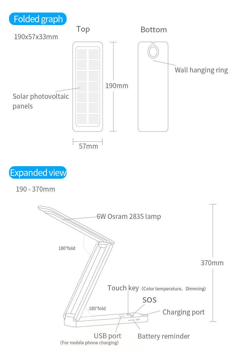 Temperature Folding LED Desk Lamp with Power Bank and SOS for Camping Light Reading Light Stylish Solar Rechargeable 3 Color