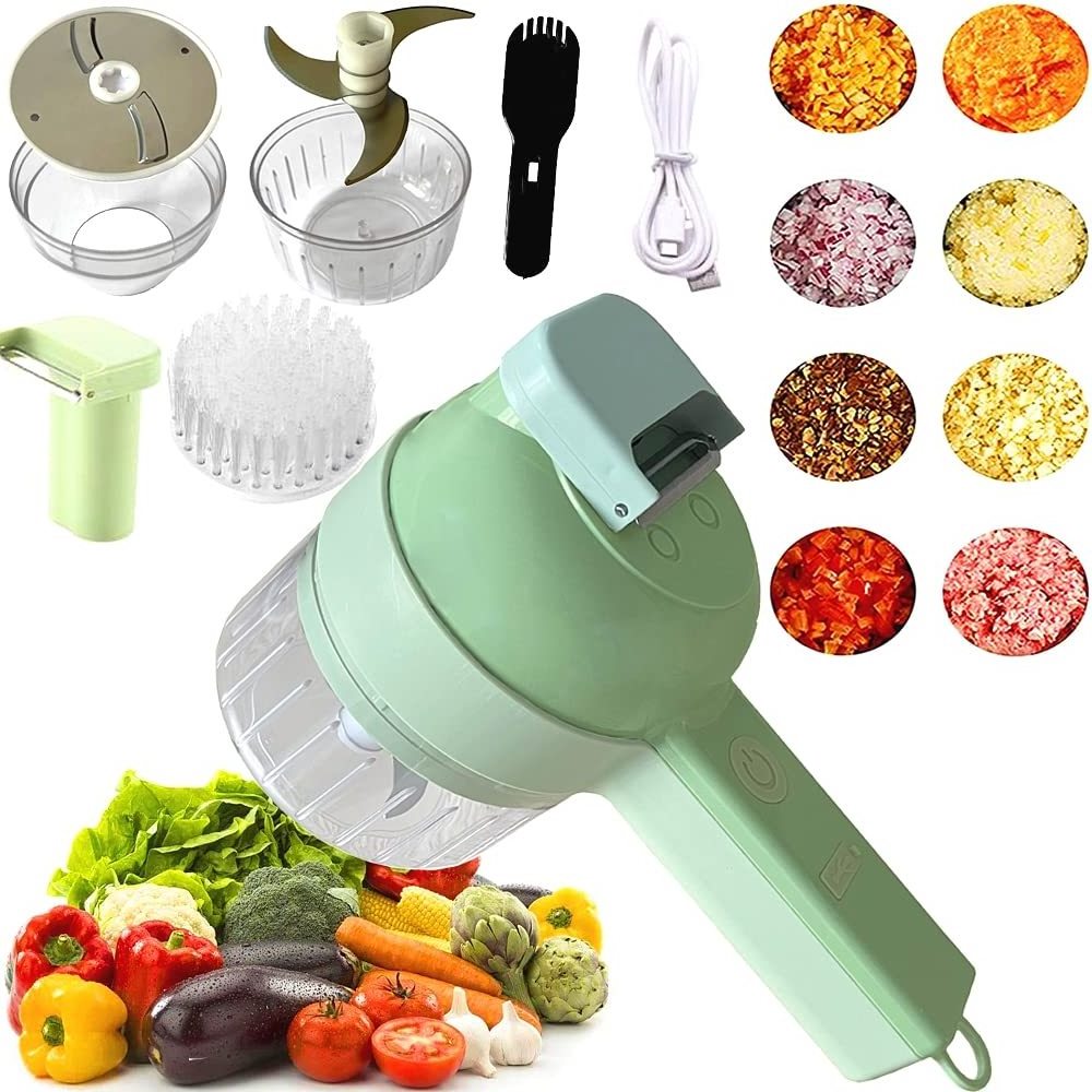 Portable 4 in 1 Electric Vegetable Slicer Set, Wireless Food Processor, with Clean Brush for Garlic Chili Onion Celery Ginger