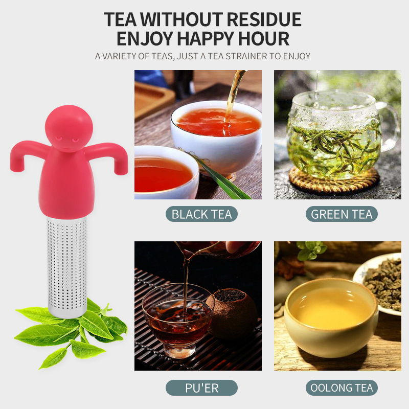 Silicone fine mesh herb flower tea brewing strainer green tea steeper leaf filter stainless steel little man tea infuser