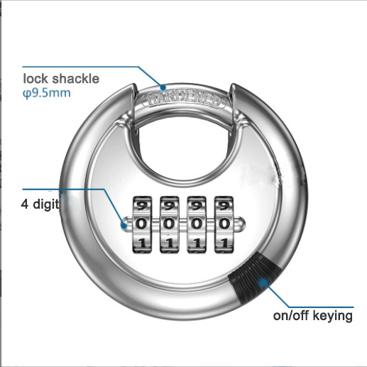 70MM Hardened Heavy duty 304 Stainless Steel Round Combination Lock Resettable  Weatherproof Keyless 4 digit Discus disc padlock