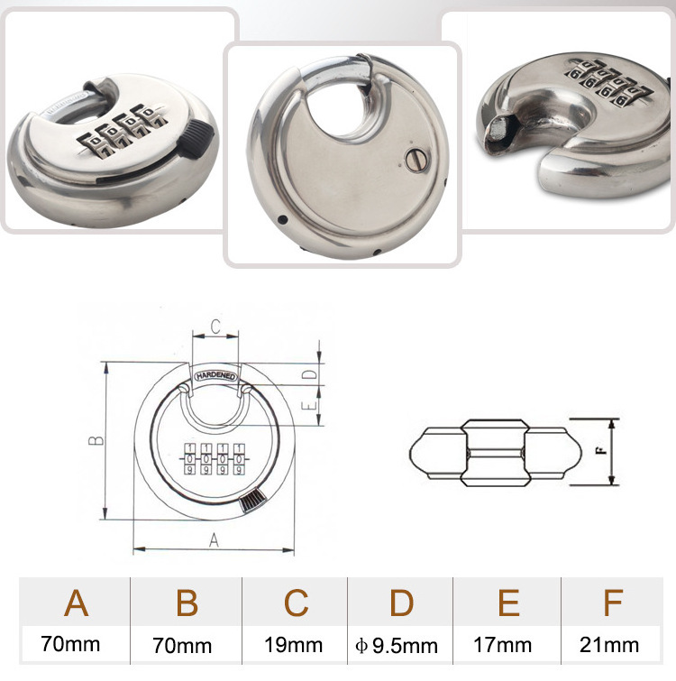 70MM Hardened Heavy duty 304 Stainless Steel Round Combination Lock Resettable  Weatherproof Keyless 4 digit Discus disc padlock