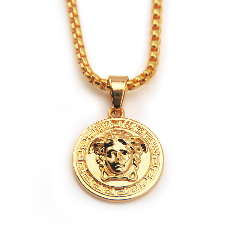 18k Gold Plated Hiphop Jewelry Stainless Steel  Crystal Medusa Pendant Necklace For Men Women