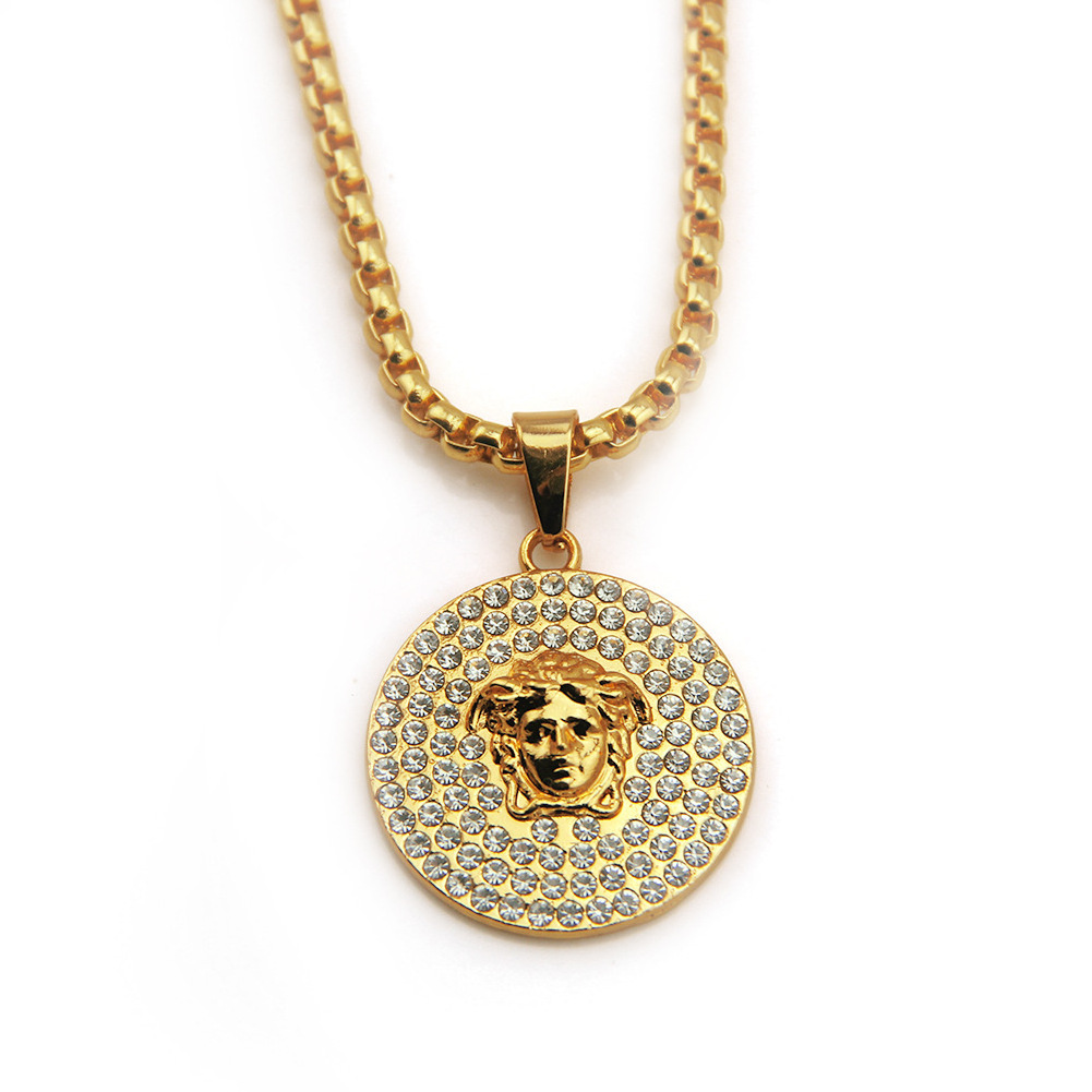 18k Gold Plated Hiphop Jewelry Stainless Steel  Crystal Medusa Pendant Necklace For Men Women