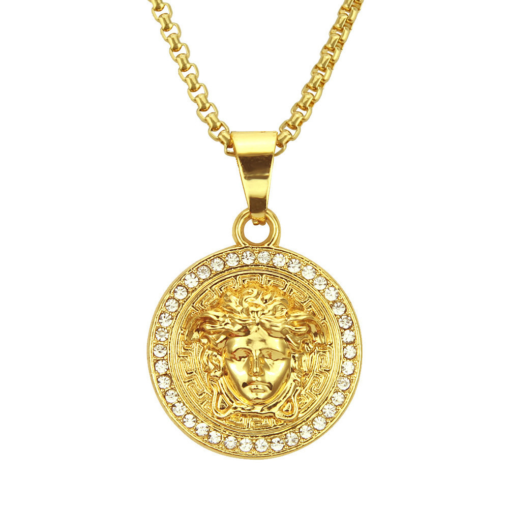 18k Gold Plated Hiphop Jewelry Stainless Steel  Crystal Medusa Pendant Necklace For Men Women