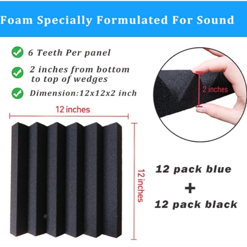 Blue & Black Fireproof Soundproof Acoustic Foam Panels Noise Cancelling for Home Offices & Recording Studios for Walls Ceilings