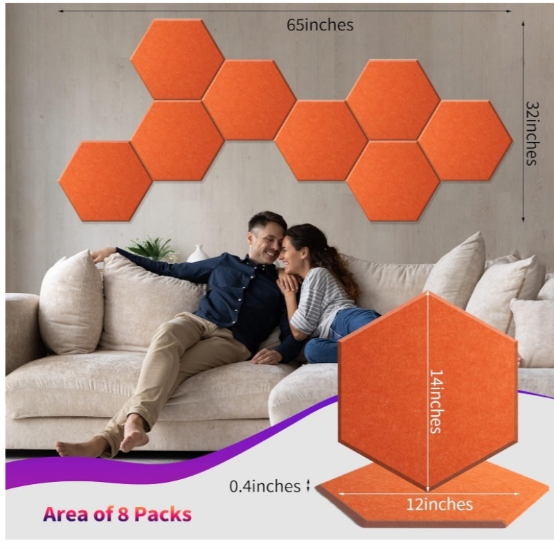 Modern Hexagon Acoustic Panels High Density Orange Soundproof Decorative Felt Wall Tiles Home Office Gaming Room CE Certified