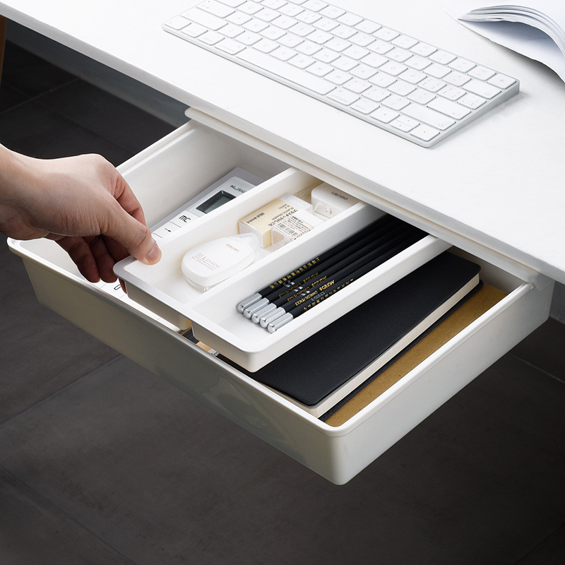 Self-adhesive Under The Desk Drawer Powerful Desktop Office Storage Box Plastic Hidden Office Drawer