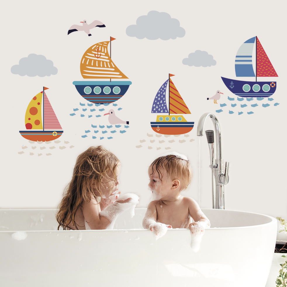 Sea Marine Animal SailBoat Self-adhesive Removable  Decal PVC Waterproof Home Bathroom Deco Children Wall Sticker Boy Kids Baby