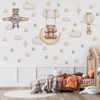 Cute Self-adhesive Removable Teddy Bear Rocket Decal PVC Vinyl Waterproof Home Decor Children Wall Sticker Baby Kids living Room