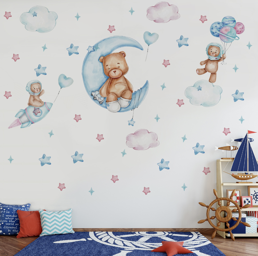 Cute Self-adhesive Removable Teddy Bear Rocket Decal PVC Vinyl Waterproof Home Decor Children Wall Sticker Baby Kids living Room