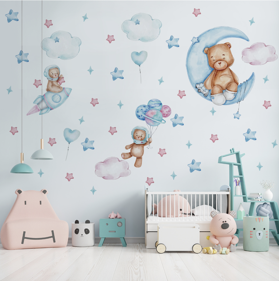 Cute Self-adhesive Removable Teddy Bear Rocket Decal PVC Vinyl Waterproof Home Decor Children Wall Sticker Baby Kids living Room