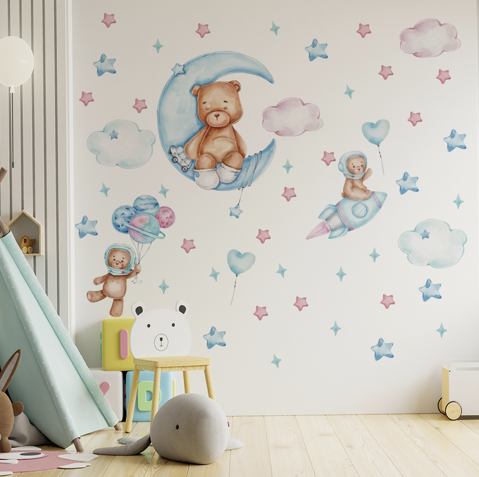 Cute Self-adhesive Removable Teddy Bear Rocket Decal PVC Vinyl Waterproof Home Decor Children Wall Sticker Baby Kids living Room