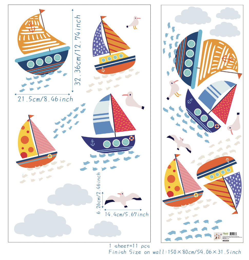 Sea Marine Animal SailBoat Self-adhesive Removable  Decal PVC Waterproof Home Bathroom Deco Children Wall Sticker Boy Kids Baby