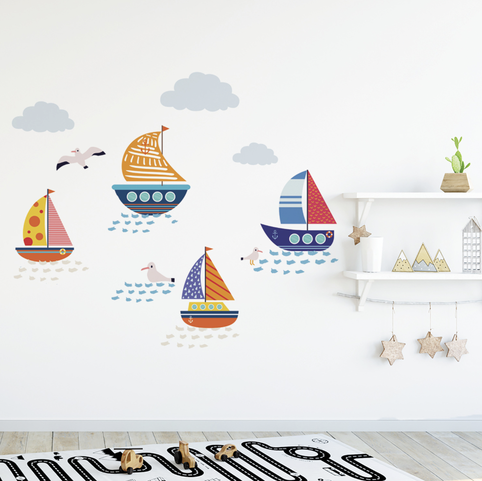 Sea Marine Animal SailBoat Self-adhesive Removable  Decal PVC Waterproof Home Bathroom Deco Children Wall Sticker Boy Kids Baby