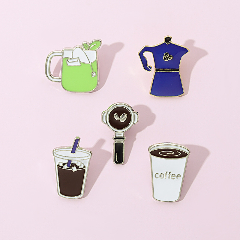 44 style Alibaba Hot sale Cartoon Cute Funny Coffee Cup Brooch Alloy Badge Tea Flower Cup Decorative Pins Soft Enamel Pin