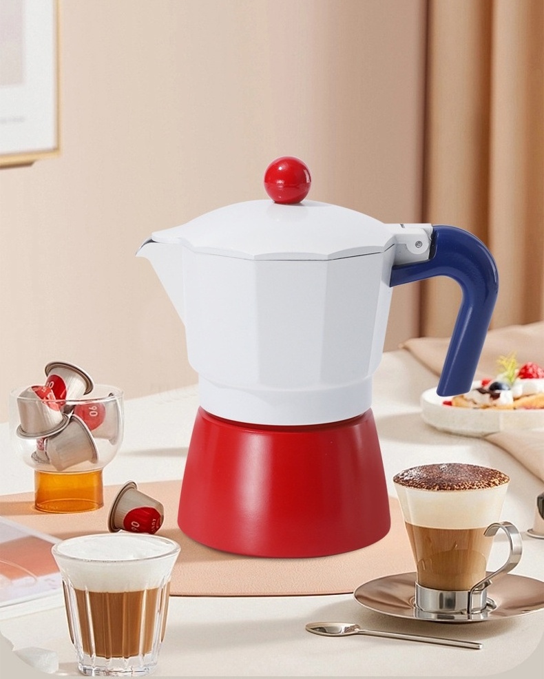 White Aluminum Moka Pot Drip Espresso Pot Fancy Coffee Maker with Blue Bottom Pot For Coffee Lover Accept Customize Logo Package