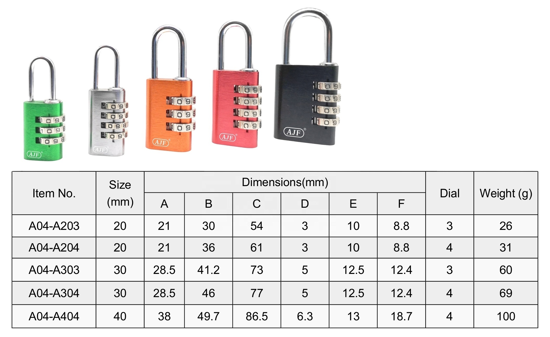 Hot Selling High Quality Ajf Multi Color Aluminium Digital Combination Padlock Luggage Lock