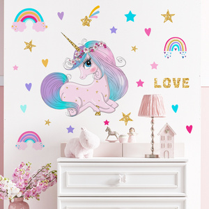 Cartoon Unicorn Wall Sticker Rainbow Stars Decals Living Room Decorative Wallpaper