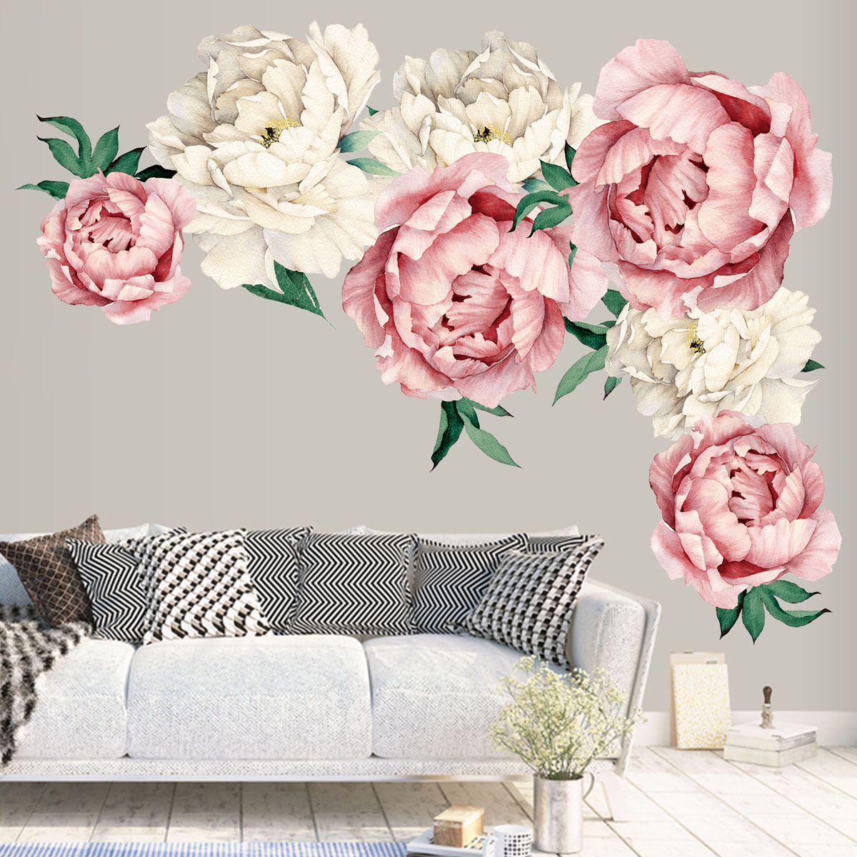 New Design Left Right Size Peony Wall Stickers Pink And White Blooming Flowers Wallpaper For Bedroom TV Background Wall Decal