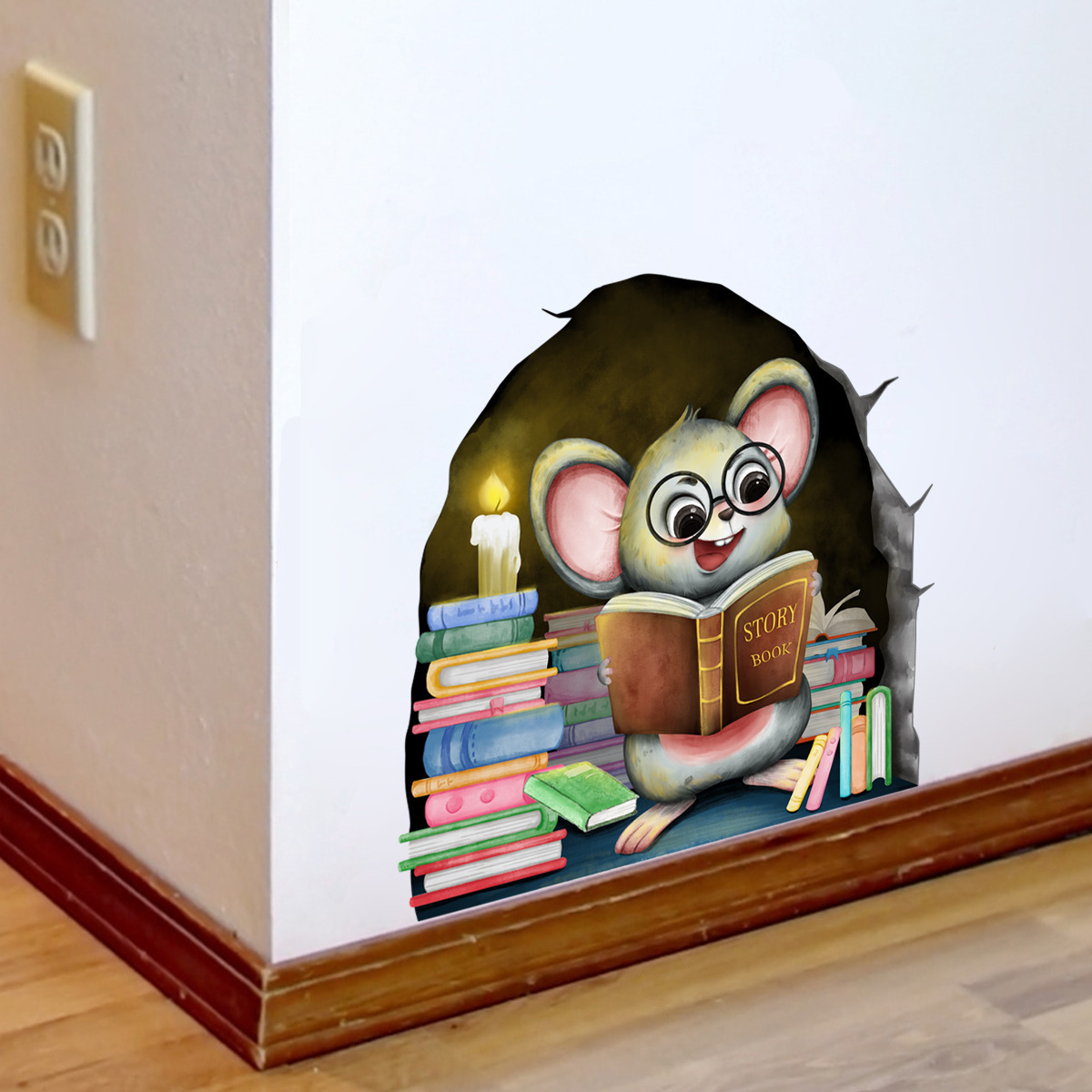 Cartoon Smart Mouse Wall Sticker Mouse Hole Book Decals Living Room Decorative Wallpaper