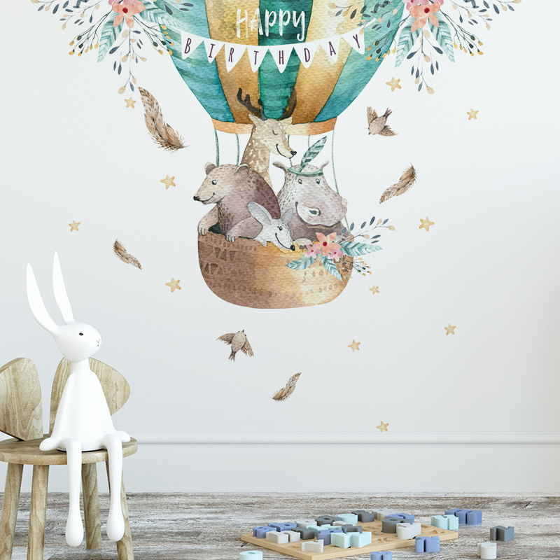 Cartoon Hippo Bear Sika Deer in Hot Air Balloon Wall Stickers Creative Kid's Bedroom Living Room Wallpaper Removable Wall Decal