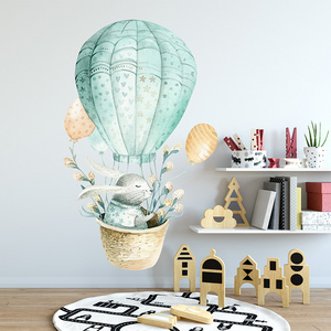 Green Hot Air Balloon With Rabbit Wall Stickers Cartoon Bunny Wallpaper For Kid's Bedroom Cute Kindergarten Wall Decal