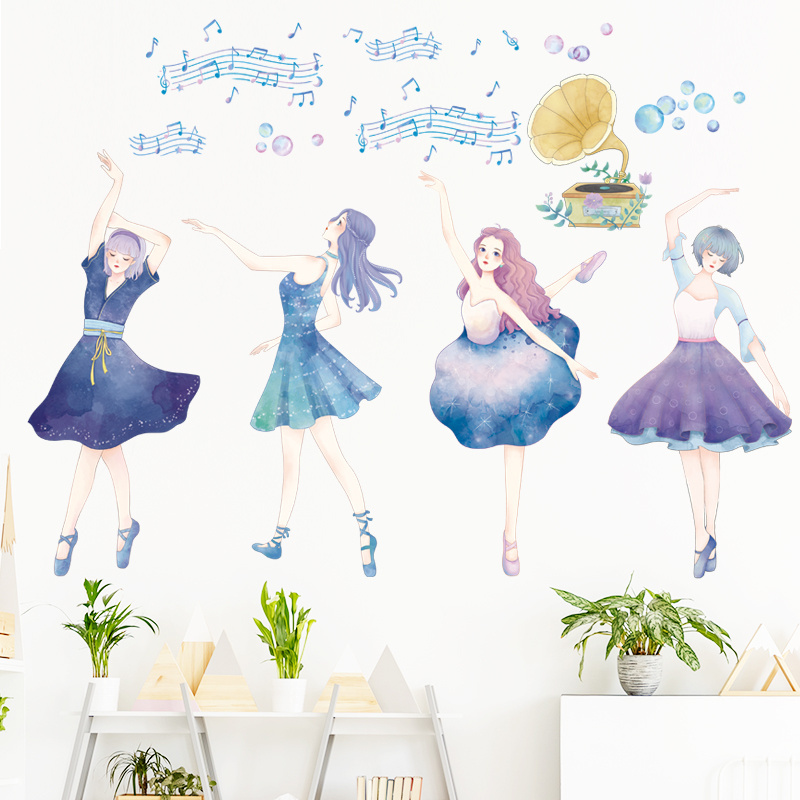 Dancing Girls With Blue Dress Wall Stickers Music Girl Wallpaper For Living Room Bedroom Home Decor Wall Decal For Women