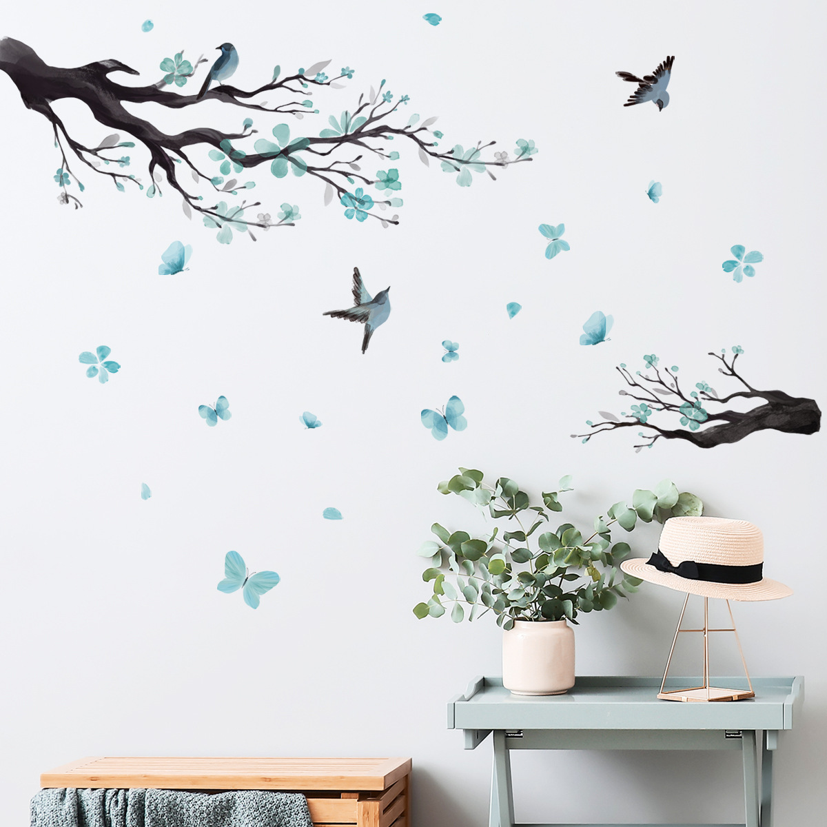 Blue Flower Branch Wall Sticker Aqua Blue Butterfly Decals Living Room Decorative Wallpaper